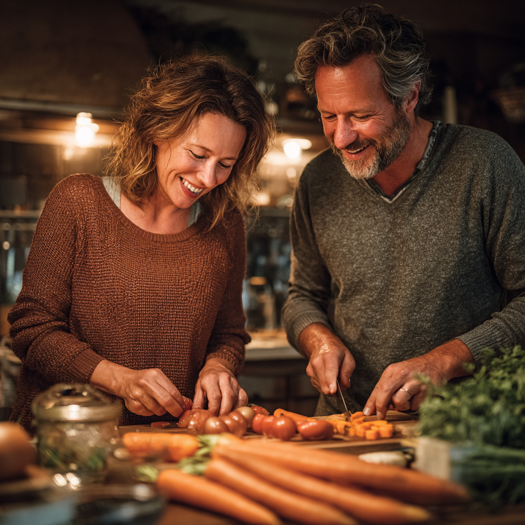 Happy middle-aged couple in their 40s cooking together in kitchen, man and woman preparing healthy vegetables, warm lighting, genuine smiles