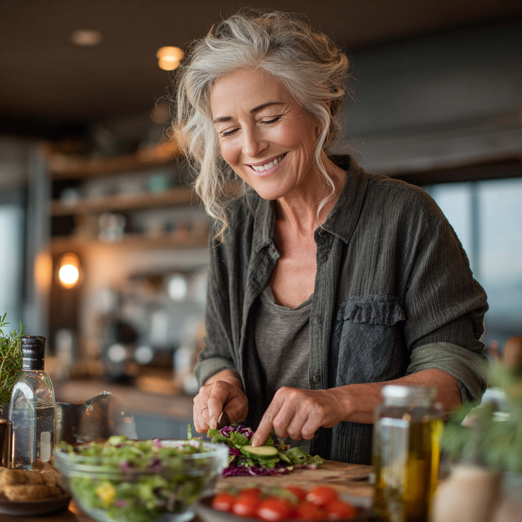 Mature woman in her 50s smiling while preparing a healthy salad in a modern kitchen, wearing casual clothes, natural lighting