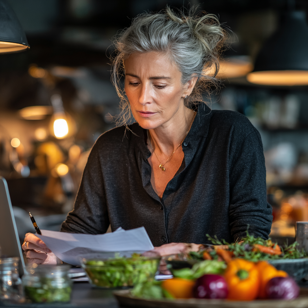 Professional nutritionist woman in her late 40s reviewing meal plans at desk with healthy food samples, natural office lighting, focused expression
